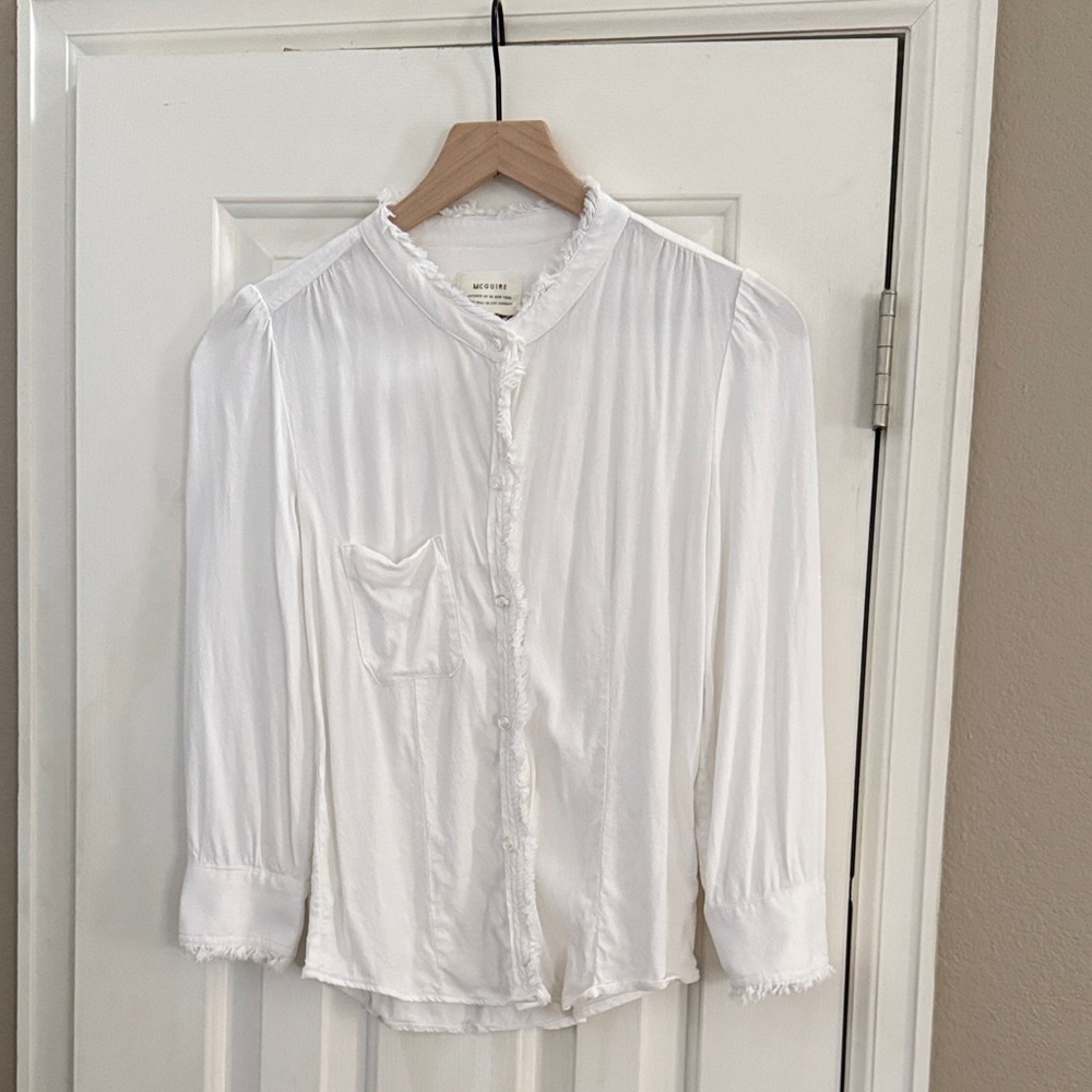 McGuire Orsay Top in White-- Button-Down Frayed Hem Fringe Trim Blouse  Small